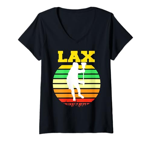 Damen LAX Retro Sonnenuntergang Lacrosse Spieler Silhouette T-Shirt mit V-Ausschnitt Damen LAX Retro Sonnenuntergang Lacrosse Spieler Silhouette T-Shirt mit V-Ausschnitt von Fan Vintage Lacrosse Sommer Look