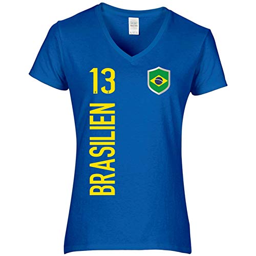 FanShirts4u Damen Fan-Shirt Trikot Jersey - BRASILIEN - T-Shirt inkl. Druck Wunschname u. Nummer WM… (2XL, Brasilien - blau) von FanShirts4u