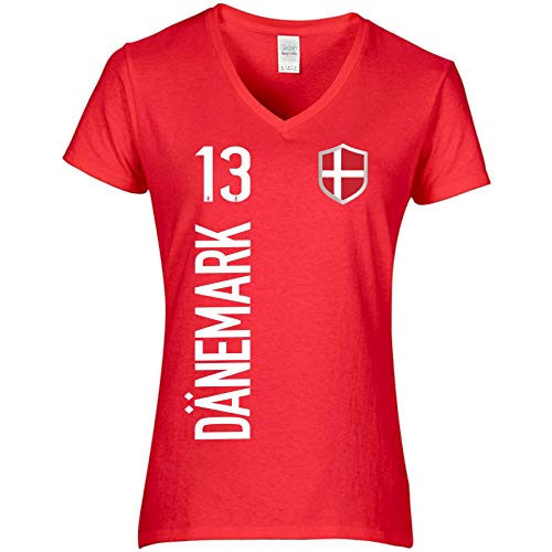 FanShirts4u Damen Fan-Shirt Trikot Jersey - DÄNEMARK/Denmark/Danmark - T-Shirt inkl. Druck Wunschname u. Nummer EM WM (XXL, DÄNEMARK-rot) von FanShirts4u