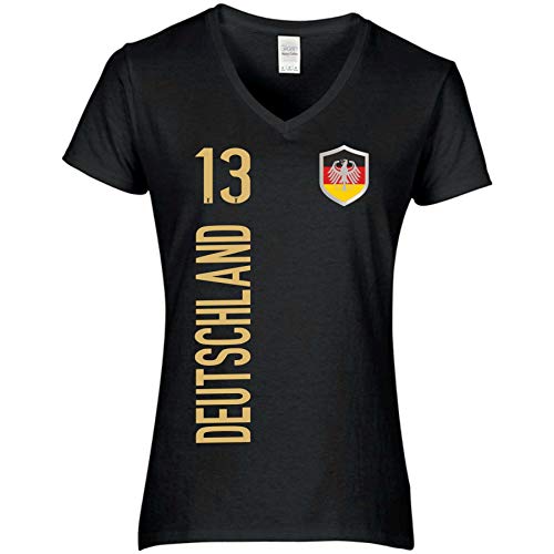 FanShirts4u Damen Fan-Shirt Trikot Jersey - Deutschland/Germany - T-Shirt inkl. Druck Wunschname u. Wunschnummer WM EM (L, schwarz-Gold/Deutschland) von FanShirts4u