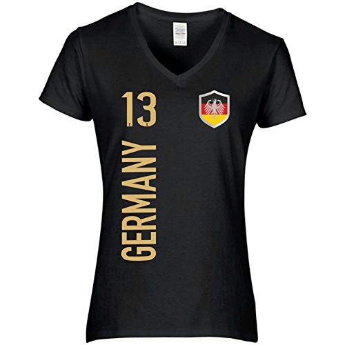 FanShirts4u Damen Fan-Shirt Trikot Jersey - Deutschland/Germany - T-Shirt inkl. Druck Wunschname u. Wunschnummer WM EM (XL, schwarz-Gold/Germany) von FanShirts4u