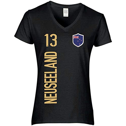 FanShirts4u Damen Fan-Shirt Trikot Jersey NEUSEELAND/New Zealand T-Shirt inkl. Druck Wunschname u. Wunschnummer WM (S, schwarz-Gold/Neuseeland) von FanShirts4u