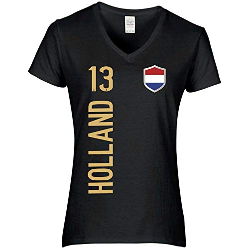 FanShirts4u Damen Fan-Shirt Trikot Jersey - NIEDERLANDE/Holland - T-Shirt inkl. Druck Wunschname u. Nummer EM WM (S, Holland-schwarz) von FanShirts4u