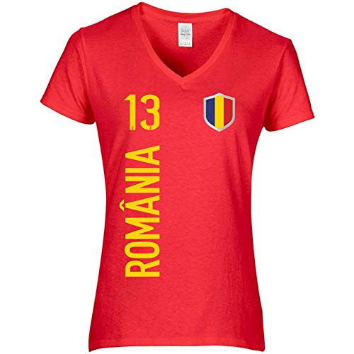 FanShirts4u Damen Fan-Shirt Trikot Jersey - RUMÄNIEN/ROMÂNIA - T-Shirt inkl. Druck Wunschname u. Nummer EM WM (M, ROMÂNIA-rot) von FanShirts4u