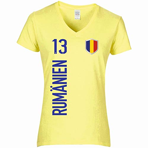 FanShirts4u Damen Fan-Shirt Trikot Jersey - RUMÄNIEN/ROMÂNIA - T-Shirt inkl. Druck Wunschname u. Nummer EM WM (S, RUMÄNIEN-gelb) von FanShirts4u