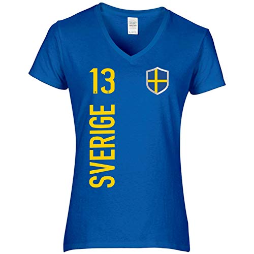 FanShirts4u Damen Fan-Shirt Trikot Jersey - SCHWEDEN/Sweden/Sverige - T-Shirt inkl. Druck Wunschname u. Nummer EM WM (M, Sverige-blau) von FanShirts4u