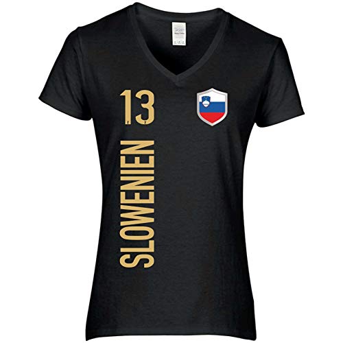 FanShirts4u Damen Fan-Shirt Trikot Jersey - SLOWENIEN/SLOVENIJA - T-Shirt inkl. Druck Wunschname u. Nummer EM WM (L, SLOWENIEN-schwarz) von FanShirts4u