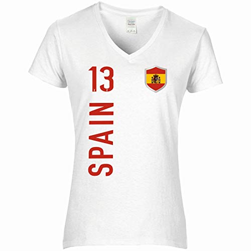 FanShirts4u Damen Fan-Shirt Trikot Jersey - Spanien/Spain/ESPAÑA - T-Shirt inkl. Druck Wunschname u. Nummer EM WM (L, Spain-weiß) von FanShirts4u