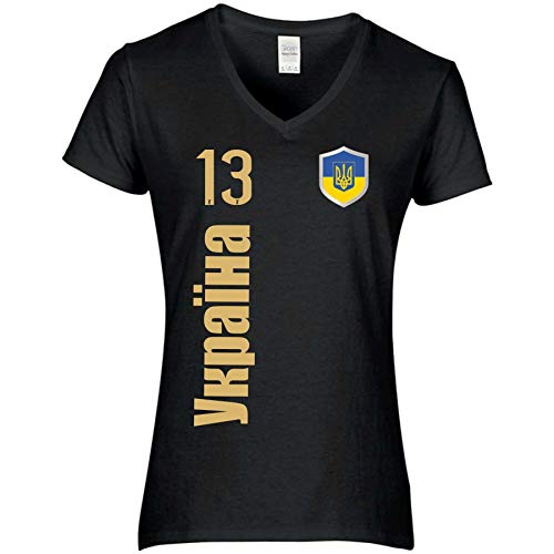 FanShirts4u Damen Fan-Shirt Trikot Jersey - Ukraine/UKRAJINA - T-Shirt inkl. Druck Wunschname u. Nummer EM WM (L, Ukraine-russisch-schwarz) von FanShirts4u