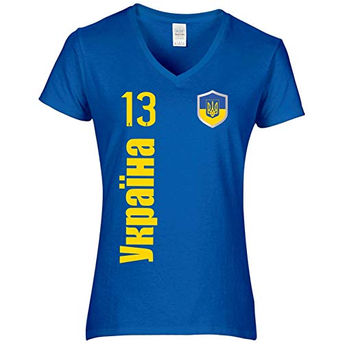 FanShirts4u Damen Fan-Shirt Trikot Jersey - Ukraine/UKRAJINA - T-Shirt inkl. Druck Wunschname u. Nummer EM WM (S, Ukraine-russisch-blau) von FanShirts4u