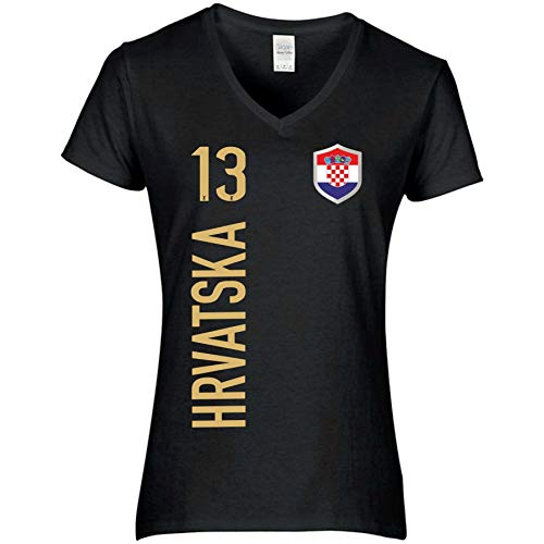 FanShirts4u Damen Fan-Shirt Trikot - Kroatien Croatia Hrvatska - T-Shirt inkl. Druck Wunschname u. Nummer EM WM (M, schwarz - Gold/Hrvatska) von FanShirts4u