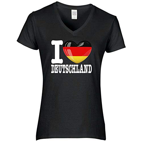 FanShirts4u Damen T-Shirt - I Love Deutschland Germany - WM EM Trikot Liebe Herz Heart (L, Deutschland/schwarz) von FanShirts4u