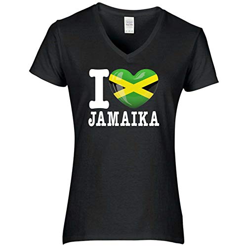 FanShirts4u Damen T-Shirt - I Love Jamaika Jamaica - WM Trikot Liebe Herz Heart (M, Jamaika/schwarz) von FanShirts4u