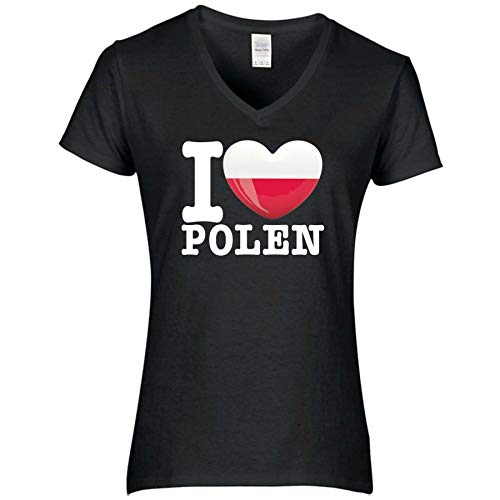 FanShirts4u Damen T-Shirt - I Love Polen Poland Polska - WM EM Trikot Liebe Herz Heart (L, Polen/schwarz) von FanShirts4u