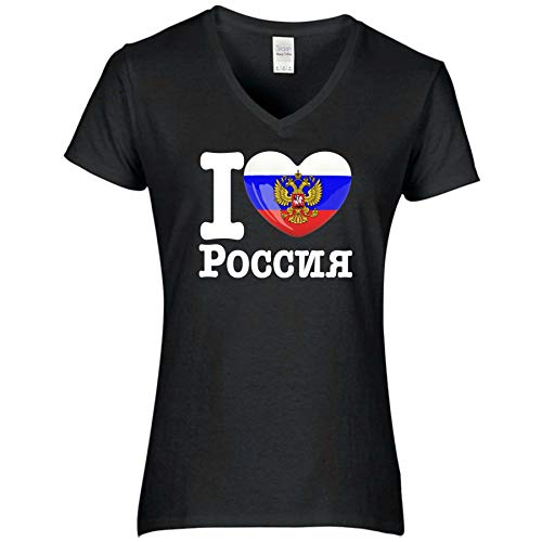 FanShirts4u Damen T-Shirt - I Love Russland Russia - WM EM Trikot Liebe Herz Heart (M, Russland russisch/schwarz) von FanShirts4u