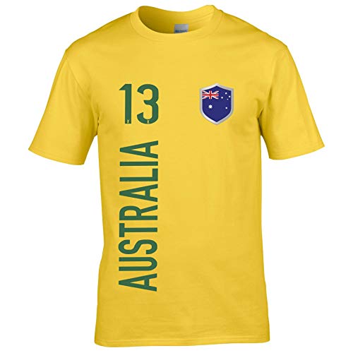 FanShirts4u Kinder Fanshirt Trikot Jersey AUSTRALIEN Australia T-Shirt inkl. Druck Wunschname u. Wunschnummer WM (9/11 Jahre 134-146 cm, Australia/Gelb) von FanShirts4u