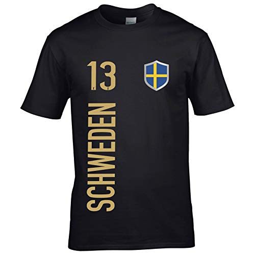 FanShirts4u Kinder Fanshirt Trikot Jersey SCHWEDEN Sverige Sweden T-Shirt inkl. Druck Wunschname u. Wunschnummer EM WM (9/11 Jahre 134-146 cm, SCHWEDEN/schwarz) von FanShirts4u