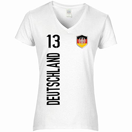 Fanshirt Deutschland/Germany - Wunschname & Nummer - Damen V-Neck T-Shirt (M, weiß/Deutschland) von FanShirts4u