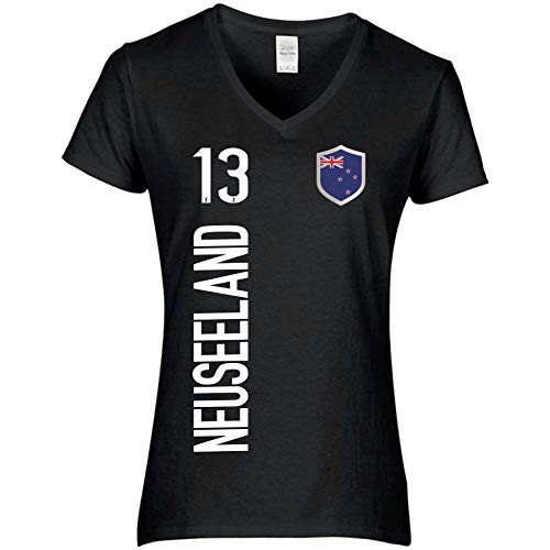 Fanshirt Neuseeland/New Zealand - Wunschname & Nummer - Damen V-Neck T-Shirt (M, schwarz/Neuseeland) von FanShirts4u