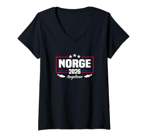 Damen Angeltour Norwegen 2026 Angeln Gadget Reise Norge Angler T-Shirt mit V-Ausschnitt von Fanartikel Angeln Gadget Angeltour Norwegen 2026