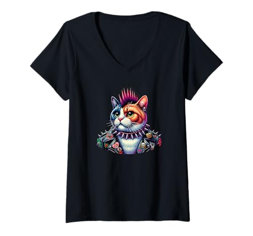 Damen Punk Rock Katze mit Mohawk und Stachelhalsband Kunst T-Shirt mit V-Ausschnitt Damen Punk Rock Katze mit Mohawk und Stachelhalsband Kunst T-Shirt mit V-Ausschnitt von Fanatic