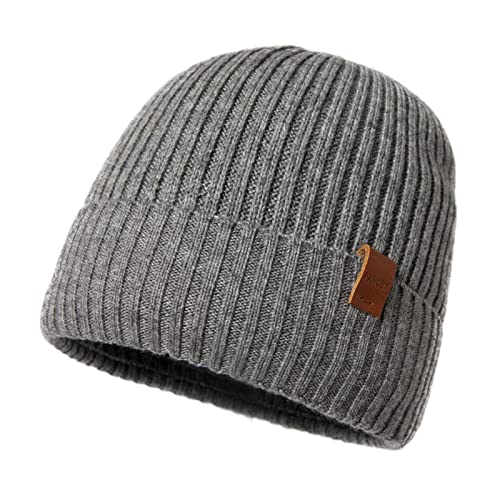 100% Merinowollmütze Beanie-Mütze für Männer Frauen, wintermütze Herren, wollmütze Herren, strickmützen für Herren - Warme Wintermütze Merinomütze zum Laufen Golf mit Fleecefutter Grau M/L von Fancet