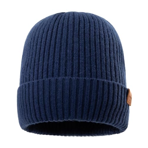 100% Merinowollmütze Beanie-Mütze für Männer Frauen, wintermütze Herren, wollmütze Herren, strickmützen für Herren - Warme Wintermütze Merinomütze zum Laufen Golf mit Fleecefutter Marineblau M/L von Fancet