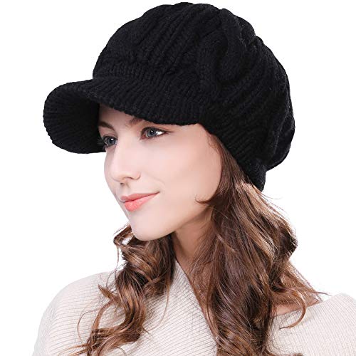 Comhats Fancet Damen Dicke Strickmütze gestrickte Barett Mütze mit Visor Baskenmütze Schirmmütze von Comhats