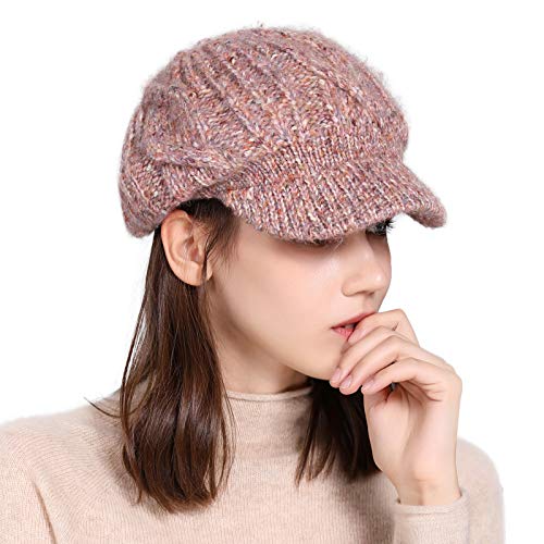 Fancet Damen gestrickte Barett Mütze Dicke Strickmütze mit Visor Baskenmütze Schirmmütze Orange Mix von Fancet