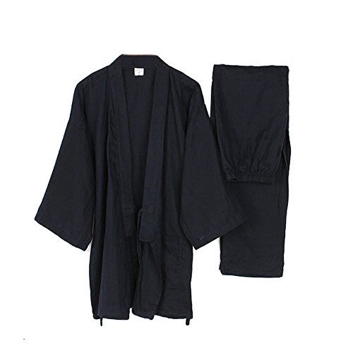 Männer Japanische Stil Robes Loose Pure Baumwolle Kimono Pyjamas Anzug-Schwarz von thefancypumpkin