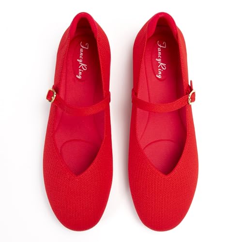 FancyRing Flache Schuhe für Damen, Mary Jane, gestrickt, runde Zehenpartie, Ballerinas mit Riemen, bequeme Arbeit, flach, Rot/Ausflug, einfarbig (Getaway Solids), 39.5 EU von FancyRing