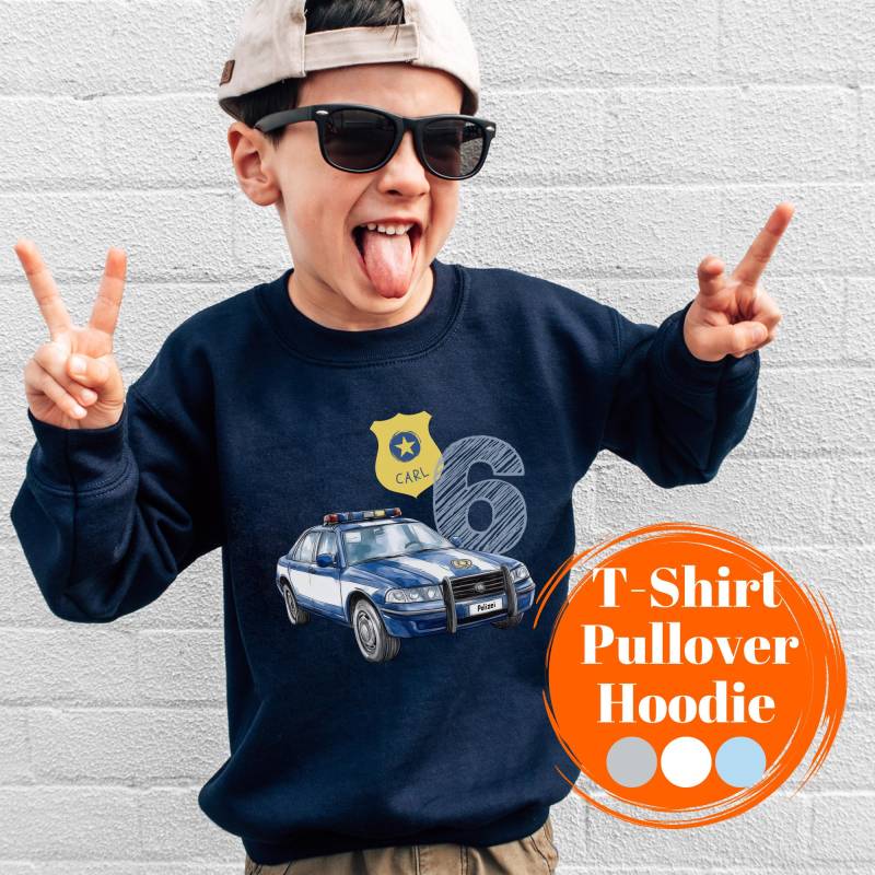 Polizei Geburtstag T-Shirt Hoodie Pullover Mit Name Zahl Geburtstagskind Shirt Polizeiauto Für Jungen 4 5 6 7 8 9 Jahre Geschenk Kinder Auto von FancyTinyShop