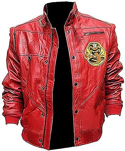Fancyd Cobra Kai Herrenjacke Karate Kid Patch Johnny Lawrence William Zabka Motorrad rote Lederjacke, Rot – echtes Leder, XXL von Fancyd