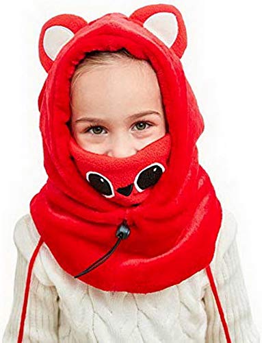 Fancyland Unisex Kinder Winter Mütze Jungen Mädchen Kapuzenschal, 5 in 1 Hut mit Warmen Schal Ski-Outdoor Sport Winter Schlupfmütze Cap 4-15 Jahren (Red Fox) von Fancyland