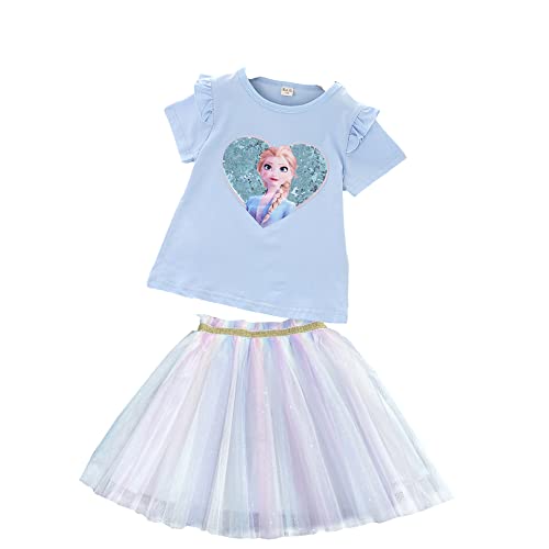 Frozen - Eiskönigin 2 T-Shirt und Rock als Set| Anna und ELSA Kinder| Sommer Pailletten Funkelnd Tutu (as3, numeric, numeric_100, numeric_110, regular, Herz Blau) von Fancyland