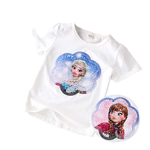 T-Shirt Anna & ELSA Frozen 2 Kinder-Flip Pailletten Baumwolle-Die Eiskönigin Mädchen Kurzarm-Shirt (as3, Numeric, Numeric_110, Regular, whiteblue) von Fancyland