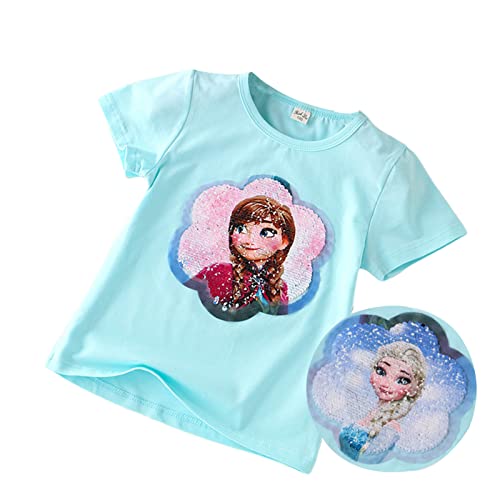 T-Shirt Anna & ELSA Frozen 2 Kinder-Flip Pailletten Baumwolle-Die Eiskönigin Mädchen Kurzarm-Shirt (as3, Numeric, Numeric_130, Regular, Lakeblue) von Fancyland