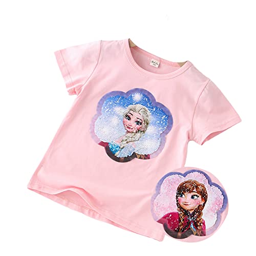 T-Shirt Anna & ELSA Frozen 2 Kinder-Flip Pailletten Baumwolle-Die Eiskönigin Mädchen Kurzarm-Shirt (as3, Numeric, Numeric_140, Regular, pinkblue) von Fancyland