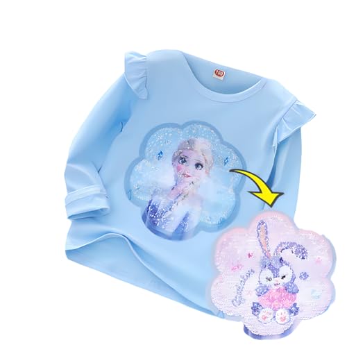 T-Shirt Langärmelig ELSA Frozen II Kinder-Flip Pailletten Baumwolle-Die | Eiskönigin Mädchen Langearm-Shirt |Motivprint Kaninchen (110cm, Blau) von Fancyland