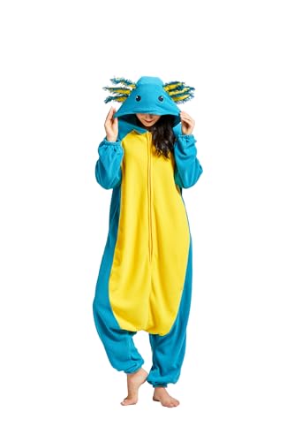 Axolotl Onesie,Damen Herren Erwachsene Schlafanzug Fasching Tierkostüm Costume Karneval Kostüm Ganzkörper Jumpsuit Cosplay Adult Carnival Sleepwear Halloween Pyjamas von Fandecie