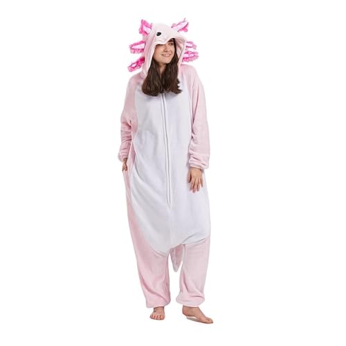 Axolotl Onesie,Damen Herren Erwachsene Schlafanzug Fasching Tierkostüm Costume Karneval Kostüm Ganzkörper Jumpsuit Cosplay Adult Carnival Sleepwear Halloween Pyjamas von Fandecie