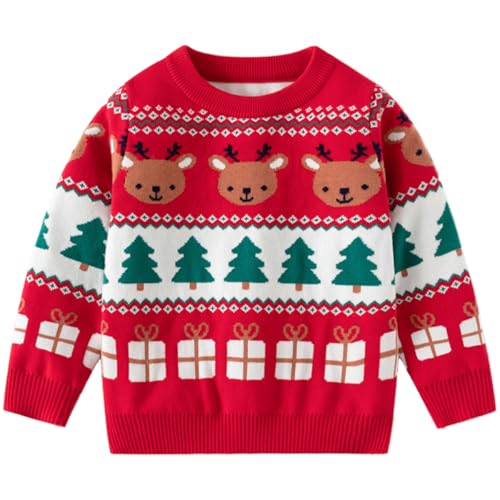 Fandecie Weihnachtspullover Kinder Baumwolle Rundhals Christmas Elch Weihnachtsmann Sweater Mädchen Jungen Sweatshirt Pulli 2-7 Jahre von Fandecie