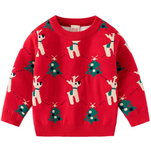 Fandecie Weihnachtspullover Kinder Baumwolle Rundhals Christmas Elch Weihnachtsmann Sweater Mädchen Jungen Sweatshirt Pulli 2-7 Jahre von Fandecie