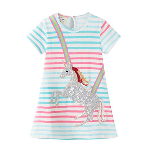 Mädchen Kleid Sommer A-Linie Baumwolle Kurzarm T-Shirt Kleider Casual Mini Kinderkleid 1-7 Jahre von Fandecie