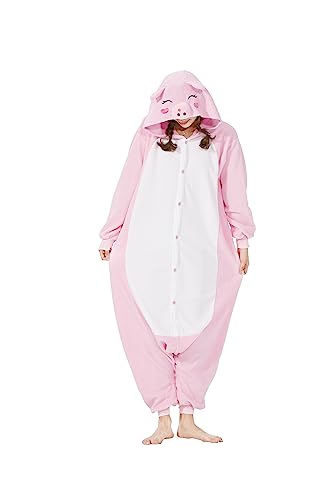 Onesie Jumpsuit Tier Unisex Damen Herren Pyjama Fasching Erwachsene Halloween Cosplay Erwachsene Karneval Einteiler Schlafanzug,Rosa Schwein von Fandecie