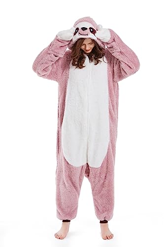 Pyjamas Onesies Cosplay Erwachsene Unisex Damen Herren Tier Pyjama Fasching Halloween Schlafanzug Karneval Einteiler,Faultier Rosa von Fandecie