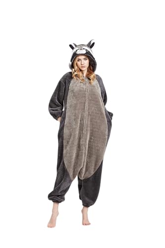 Waschbär Onesie Erwachsene,Damen Herren Schlafanzug Fasching Tierkostüm Costume Karneval Kostüm Ganzkörper Jumpsuit Cosplay Adult Carnival Sleepwear Halloween Pyjamas von Fandecie