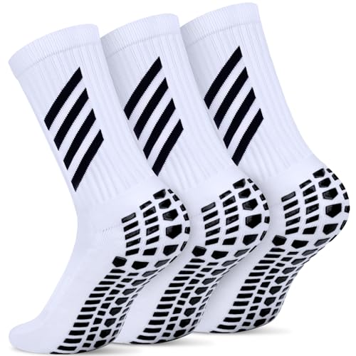 Faneam 3 Paar Grip Fußball Socken Rutschfeste für Herren Damen Größe 38-45 Sport Socken Anti Rutsch Fußballsocken Grip Athleticsocke für Basketball, Laufen, Yoga (Weißer Unterseite, Weiß) von Faneam