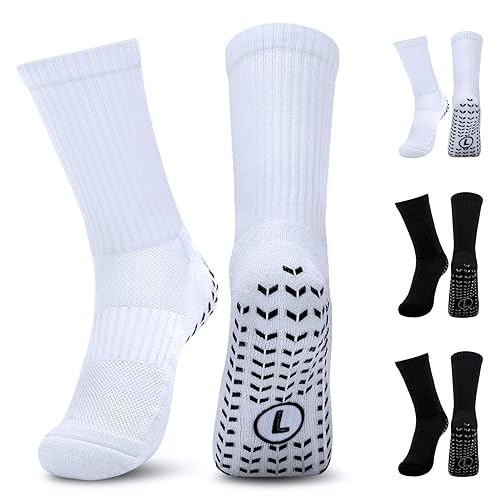 Faneam 4 Paar Grip Fußball Socken Rutschfeste Fußballsocken Sport Socken Anti Rutsch für Herren Damen Grip Athleticsocke für Basketball,Radfahren,Laufen,Yoga,Größe 41-46,Weiß und Schwarz von Faneam