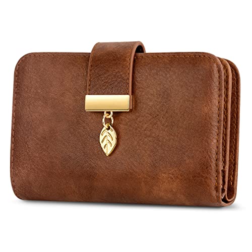 Faneam Geldbörse Damen aus Leder, Portemonnaie Damen Kleine, Geldbeutel mit RFID-Schutz, 14 Kartenfächer, Reißverschluss Münzfach und Tragekette (Vintage Kaffee) von Faneam